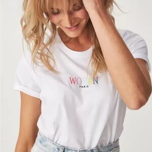Cotton On Woman Paris short sleeve T-shirt with rainbow embroidery on the chest
